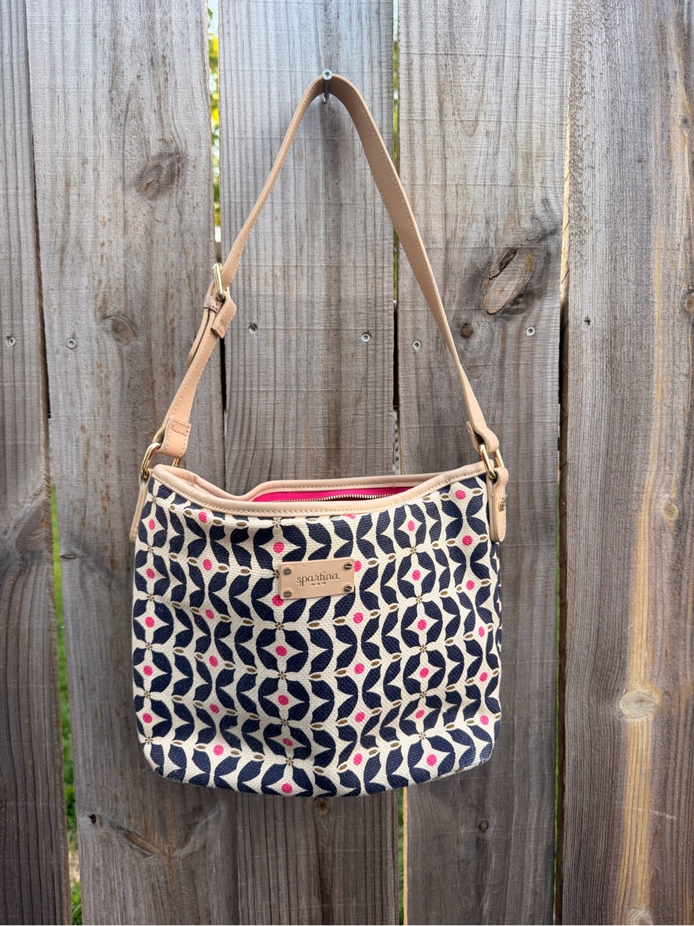 Spartina 449 Navy Patterned Shoulder Bag with Pink Accents and Tan Strap
